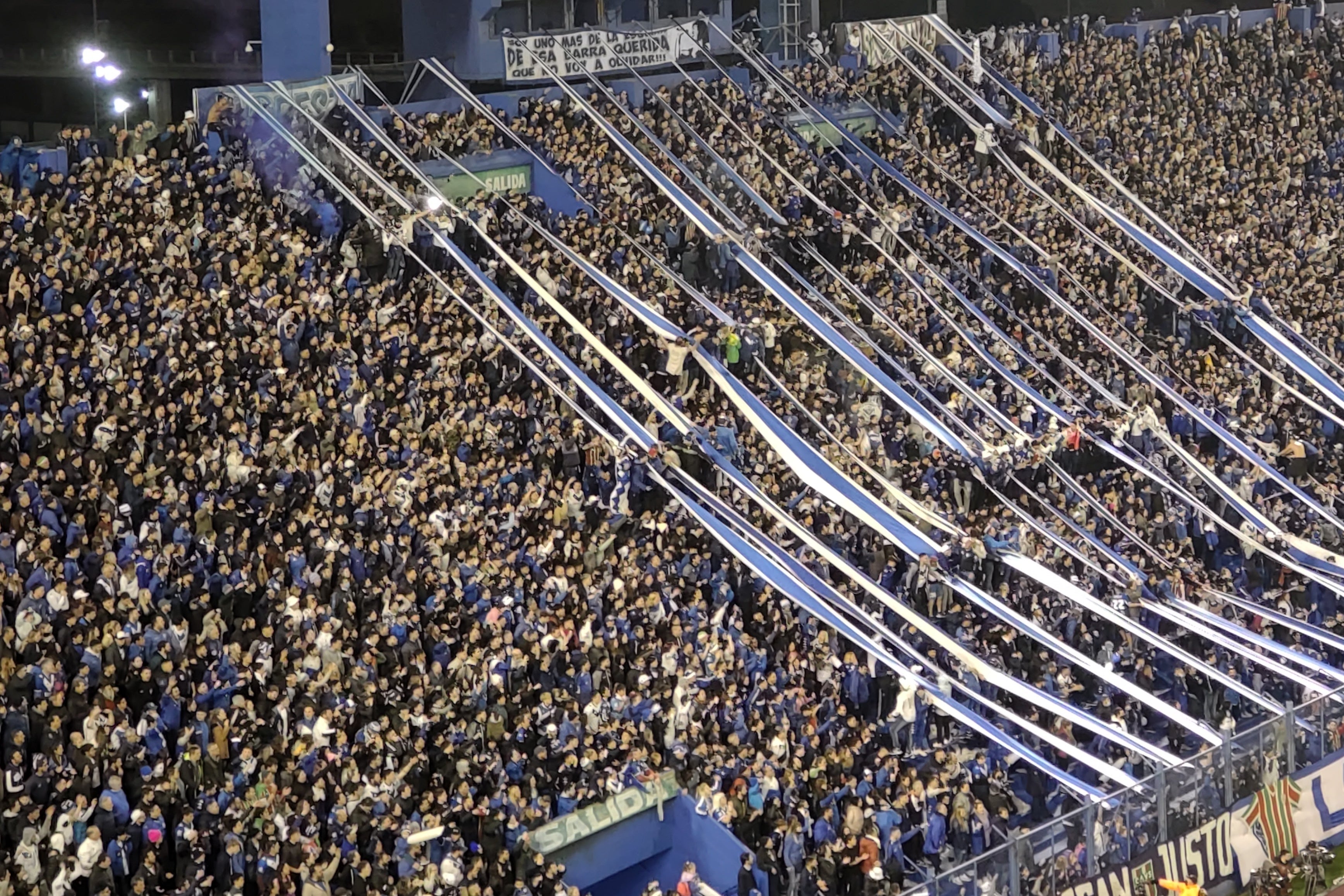 Vélez Sarsfield fans chanting and waving blue and white flags
